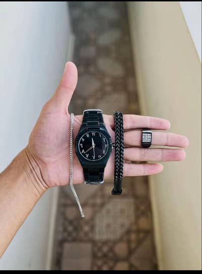 new black Arabic watch + 2 bracelet + Ring combo