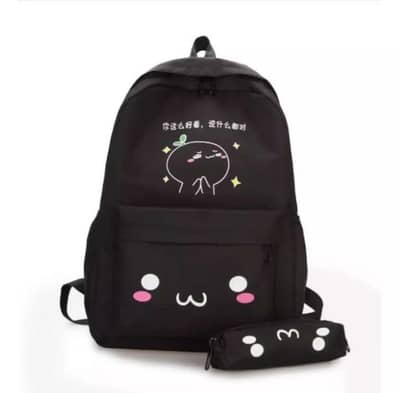 Nylon School Backpack Black Pink 17" with Poncho