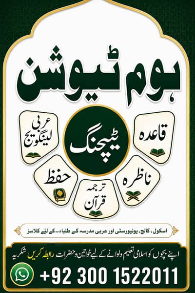 Home Quran Tuition (home and online, both availability)