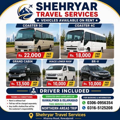 Hiace for rent. Grand Cabin for rent. Coaster on rent . Rent a coaster