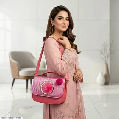 elegant blossom pom pom women's crossbody Pink bag with long strap