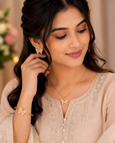 Gold plated zircon combo sets.  Adjustable bangle  Rs 450cont