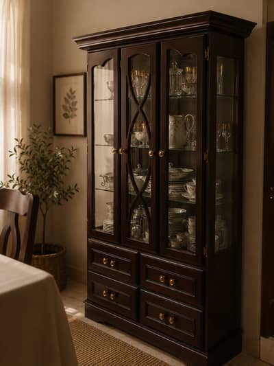 Solid Wooden Display Cabinet | Glass Crockery Cabinet with Drawers