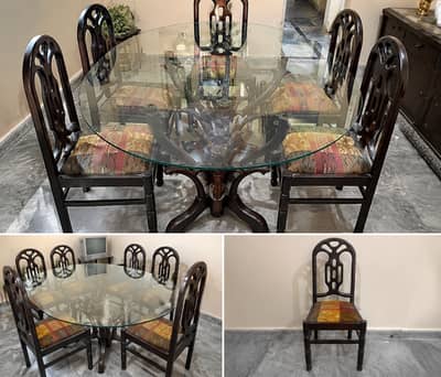 6 Seater Wooden Dining Table Glass Top & 6 Chairs - Good Condition