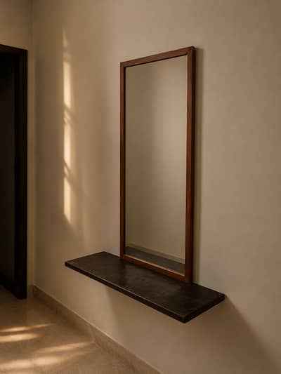 Wooden Wall Mirror with Floating Shelf | Entryway & Dressing Mirror