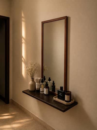 Wooden Wall Mirror with Floating Shelf | Entryway & Dressing Mirror