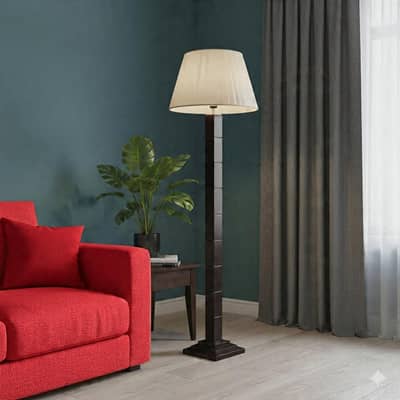 Modern wooden floor lamp with off-white fabric shade-