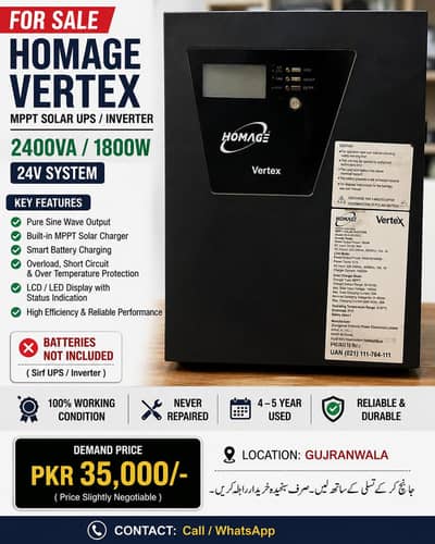 Homage Vertex 2400VA/1800W MPPT Solar UPS Inverter 24V – 100% Working
