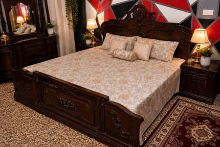 Chinioti Sheesham Wood Furniture Set | Bed + Wardrobe + Dressing Table