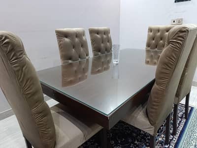 Wooden Dining Table with Glass Top + 6 with Velvet