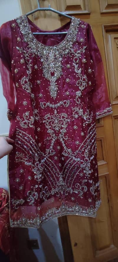 Brand New 3 piece Maroon Organza Heavey Embroidered Suit