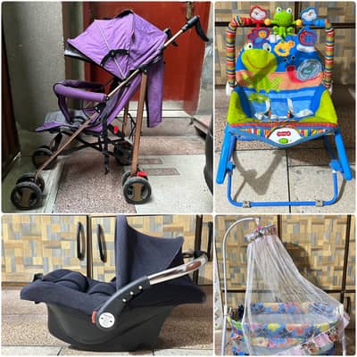 Baby Pram/Stroller, Swing, Carry Coat and Rocker.