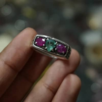 Ruby and emerald silver Ring | 3 stones | pure chandi antique ring