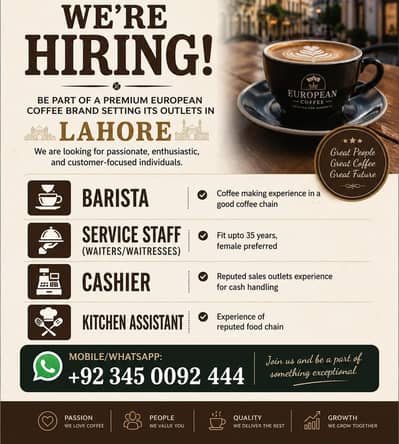 Barista, Service Staff, Kitchen Staff