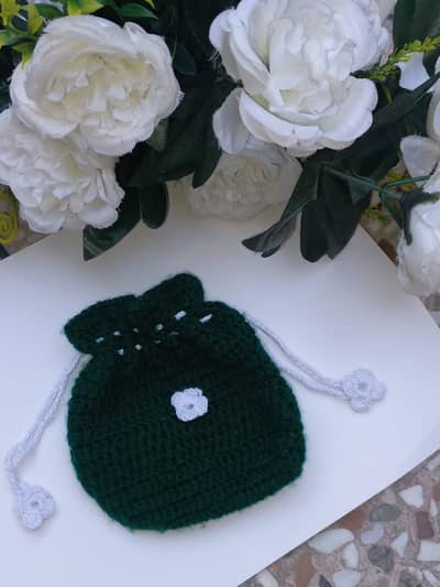 Handmade Green Crochet Drawstring Pouch | Mini Jewelry/Coin Purse