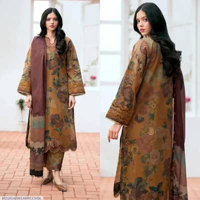 Brown Swiss Lawn 3Pcs Printed Suit for Women