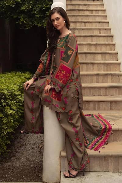 Unstitched Printed Eid Suit Brown Floral Geometric 3Pcs