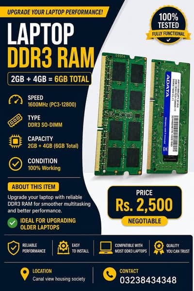 Laptop DDR3 RAM 6GB Kit (2GB + 4GB) 1600MHz PC3-12800 SO-DIMM – 100%
