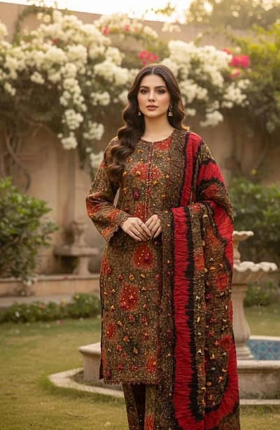 Unstitched Printed Eid Suit Brown Floral Geometric 3Pc.