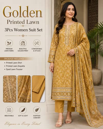 Golden Printed Lawn 3 Pcs Women's Suit – Premium Unstitched Summer Dr