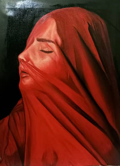 "Crimson Veil" | Hand-Painted Portrait on Canvas