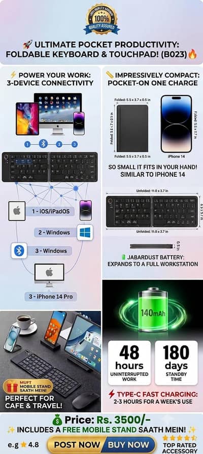 Foldable Bluetooth Keyboard with Touchpad (B023) + FREE Mobile Stand!