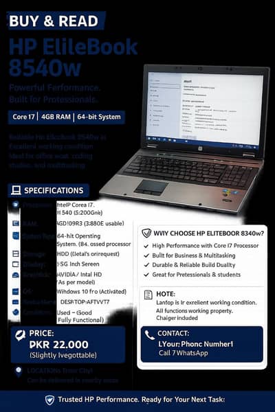 HP EliteBook 8540w Core i7 | 4GB RAM |  graphic card1GB+ 80GB HDD