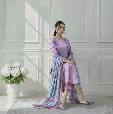 Pink printed 3-pcs Dobby Lawn suit set
