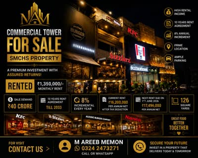 COMMERCIAL TOWER FOR SALE Premium Investment Opportunity Fully Rented Property Location: SMCHS, Karachi