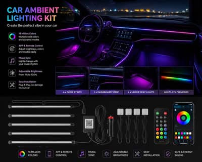 Car RGB Ambient Light Kit - 4 Door + 1 Dashboard strip + 4 Under Seat