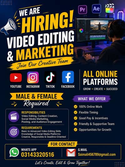 we are hiring male and female job for video eiditing and marketing