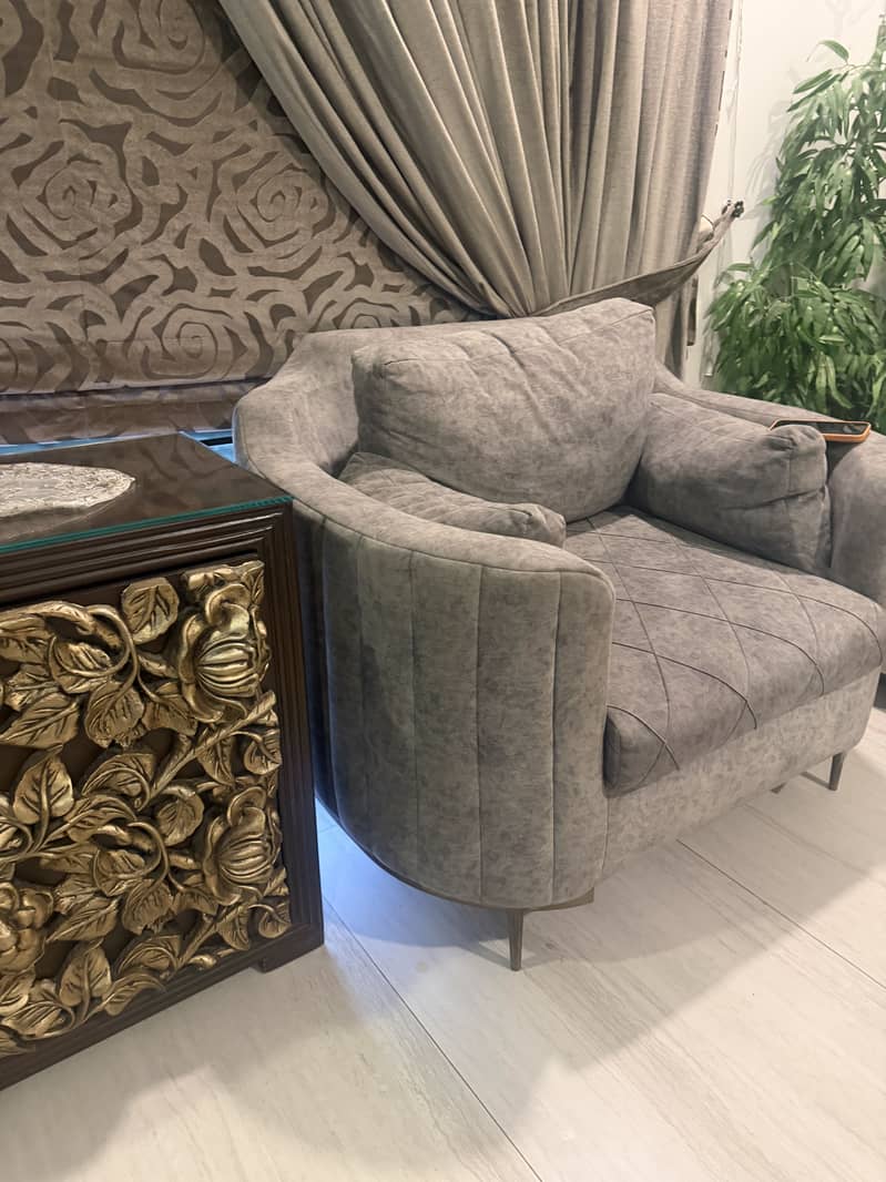Luxury 7-Seater Sofa Set with Brass Legs | 3+2+1+1 Seater + 2 Ottomans 1