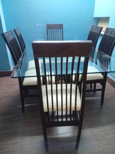 6-Seater Solid Wood Dining Table with Glass Top & High-Back Chairs