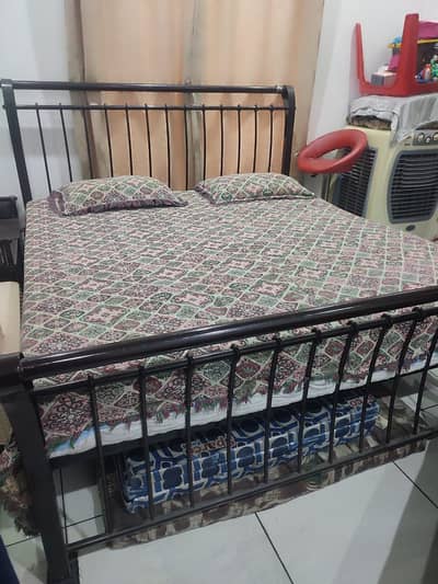 Heavy duty Iron King size bed + Spring Mattress + 2 side tables