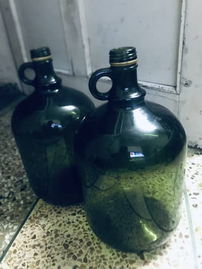 Vintage Pair of Emerald Green Glass Gallon Jugs with Metal Caps