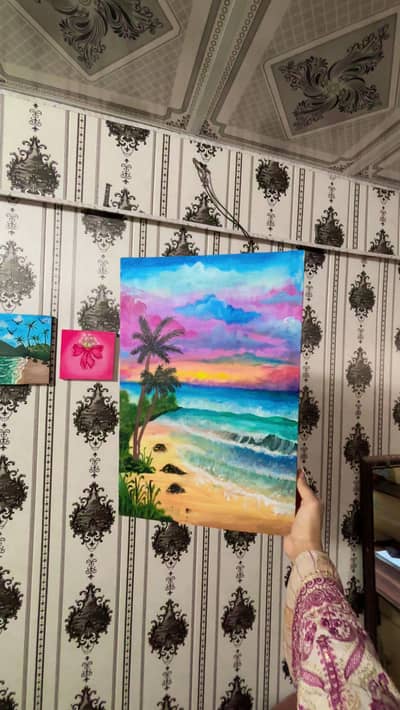 Original hand-painted acrylic beach sunset painting on canvas.
