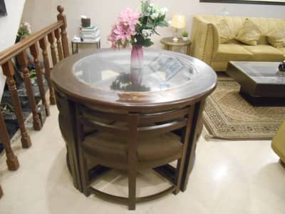 Round Wooden Dining table with 4 hidden chairs | Glass top