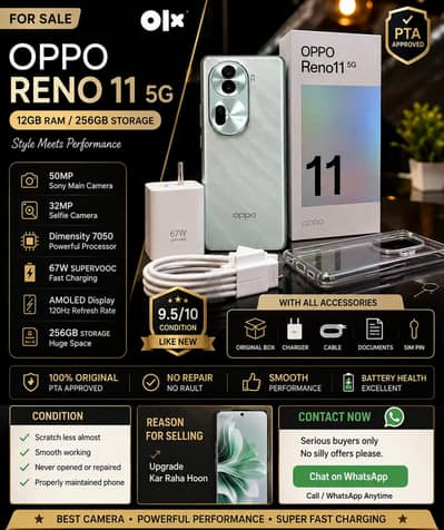 oppo reno 11 5g 12/256gb pta approved with full box(not 11f its 11 5g)