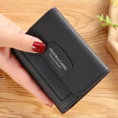 Black Leather Tri-Fold Wallet for Women