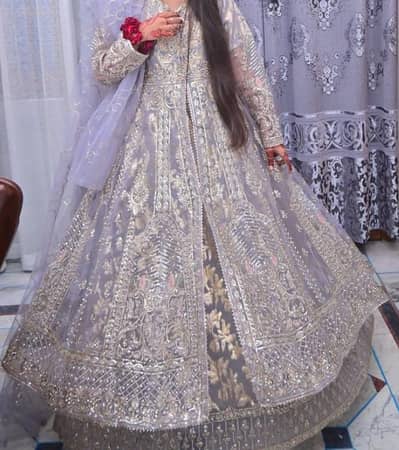 BRAND NEW Silver Grey Heavy Embroidered Walima Maxi  with Dupatta