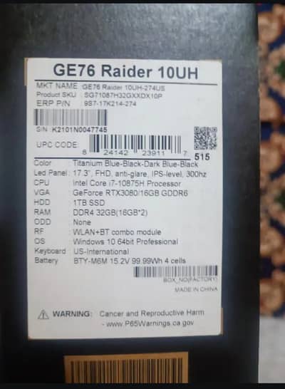 Msi ge76 raider laptop, dead cpu read full ad