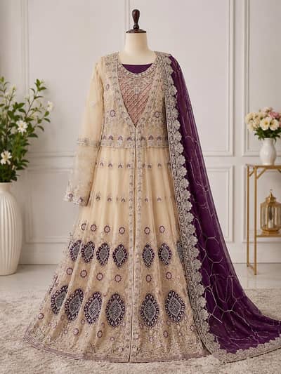 Luxury Bridal/party maxi with Purple Dupatta | Worn Once | Large Size