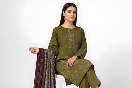Green Embroidered 3-piece Viscose Suit For Wedding andBirthday