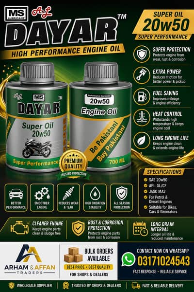 Dayar 20W-50 Engine Oil – Suitable for Bikes, Cars & Generators
