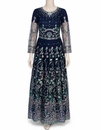 Baroque Elegant Navy Blue Embroidered Wedding, Party Wear Net Maxi