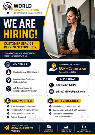 Customer Service Represe Required– Gulberg Main Boulevard | Office Job
