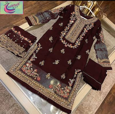 three piece stitch embroidery dress with kurti trouser and dupatta