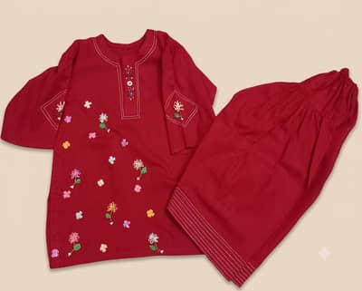 Hand Embroidered red lawn suit for baby girl.