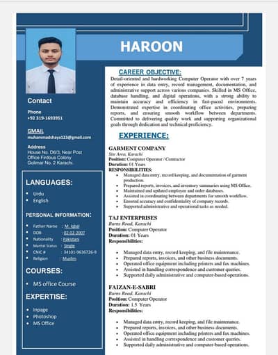 Mera experience computer operator ka hai burns road main Kam kia hai