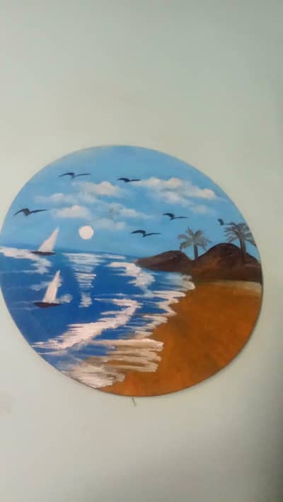 Handmade Beach Sunset Painting | Wall Decor | Round Canvas Art